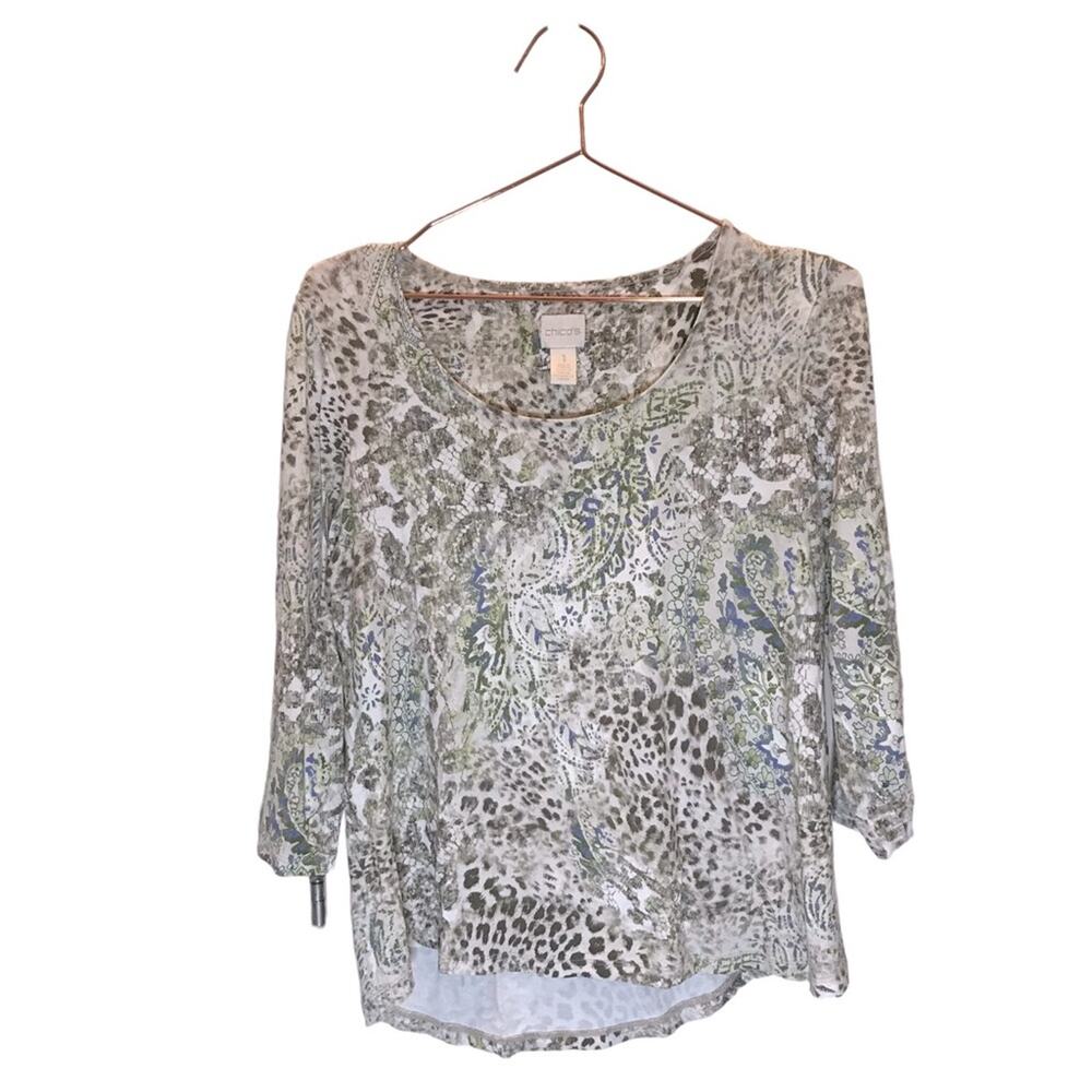 Chico’s Stretch 3/4 Sleeve floral multi color Shirt Top Size 1 medium